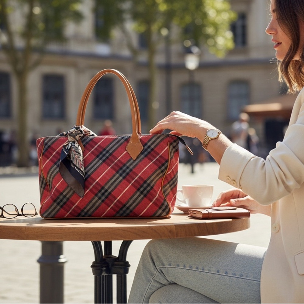 Burberry Red and Tan Checkered Satchel